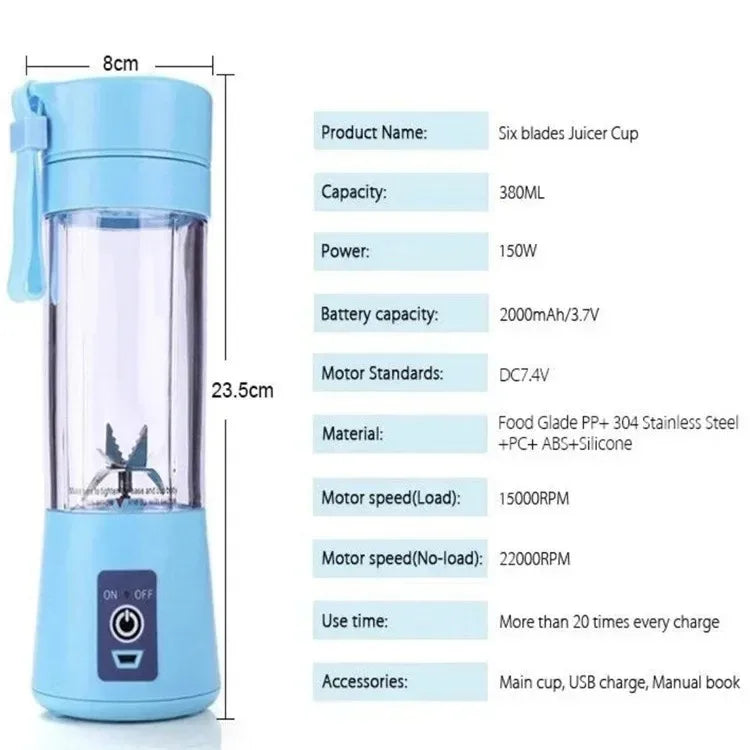 Tragbarer Mini-380-ml-Mixer für Shakes und Smoothies, wiederaufladbarer USB-Reise-Obst-Entsafter-Becher, Hand-Obstmixer, Entsafter-Becher