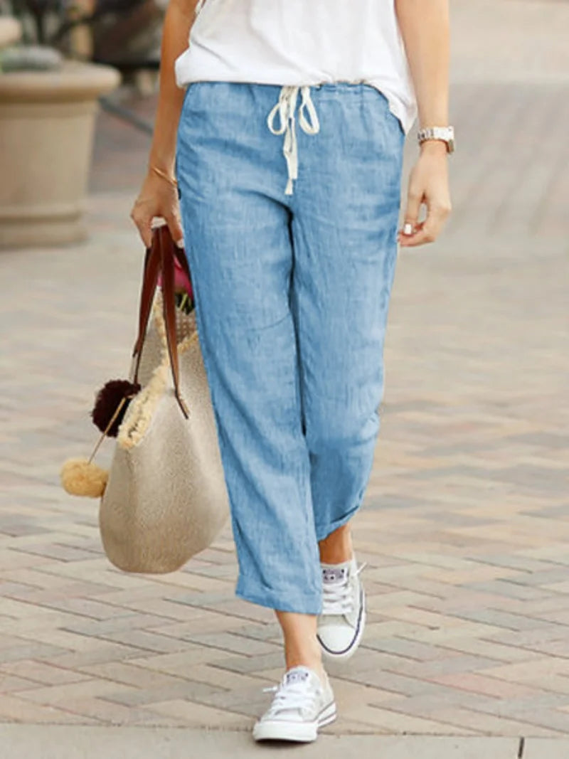 Elegante Feste Schlanke Hose Mode Frauen Kordelzug Abgeschnitten Elastische Taille Gerade Hosen Casual Büro Dame Kommunte Hosen