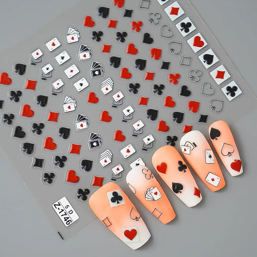 5D geprägte Spielkarte Nail Art Aufkleber Nageldekoration DIY für Maniküre Poker Anzug Design Aufkleber selbstklebende Aufkleber