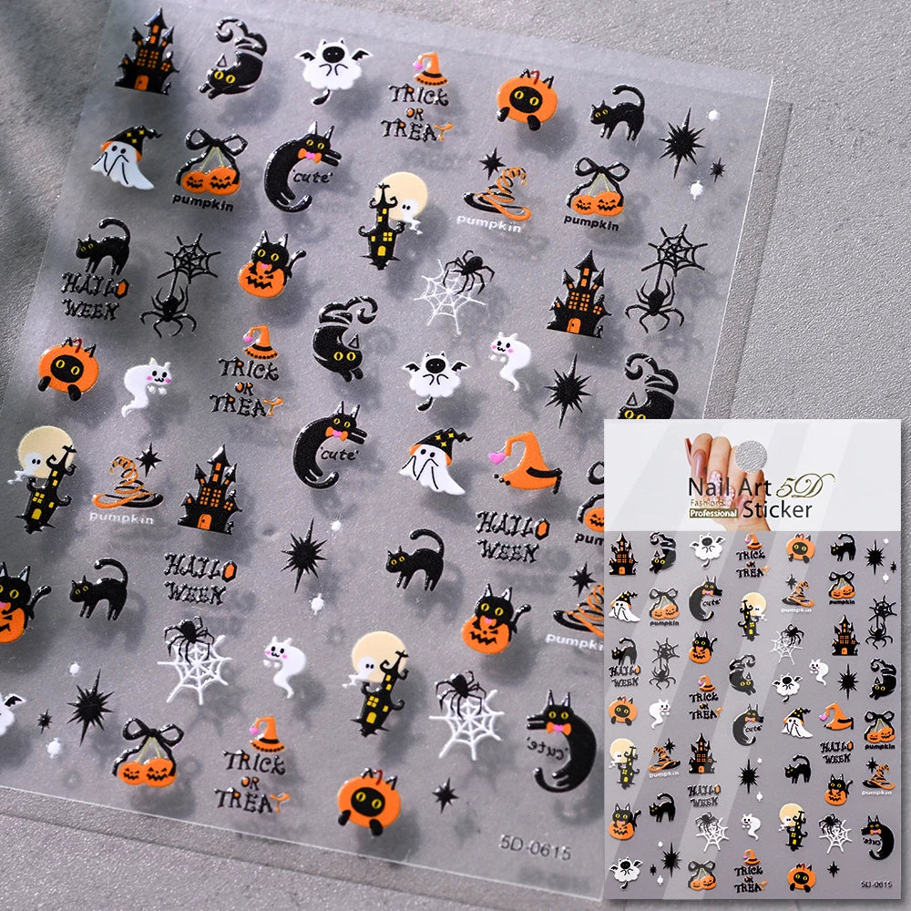 5D Halloween Geist Fledermaus Kürbis Nagel Aufkleber Glänzende Spinne Skelett Vintage Kreuz Nagel Aufkleber Halloween Gruselige Nagel Slider Decora