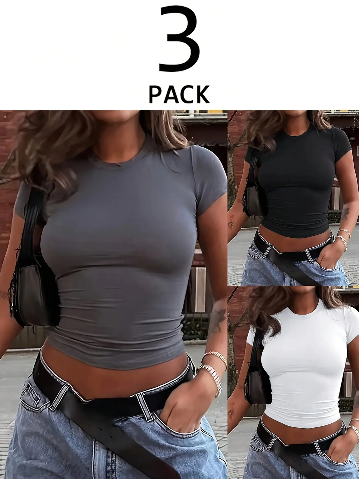 3 Stück Damen Slim Fit Kurzarm T-Shirts Elegant Rundhalsausschnitt Casual T-Shirt Damen Y2k Vintage Basic Tees 2025 Damenbekleidung