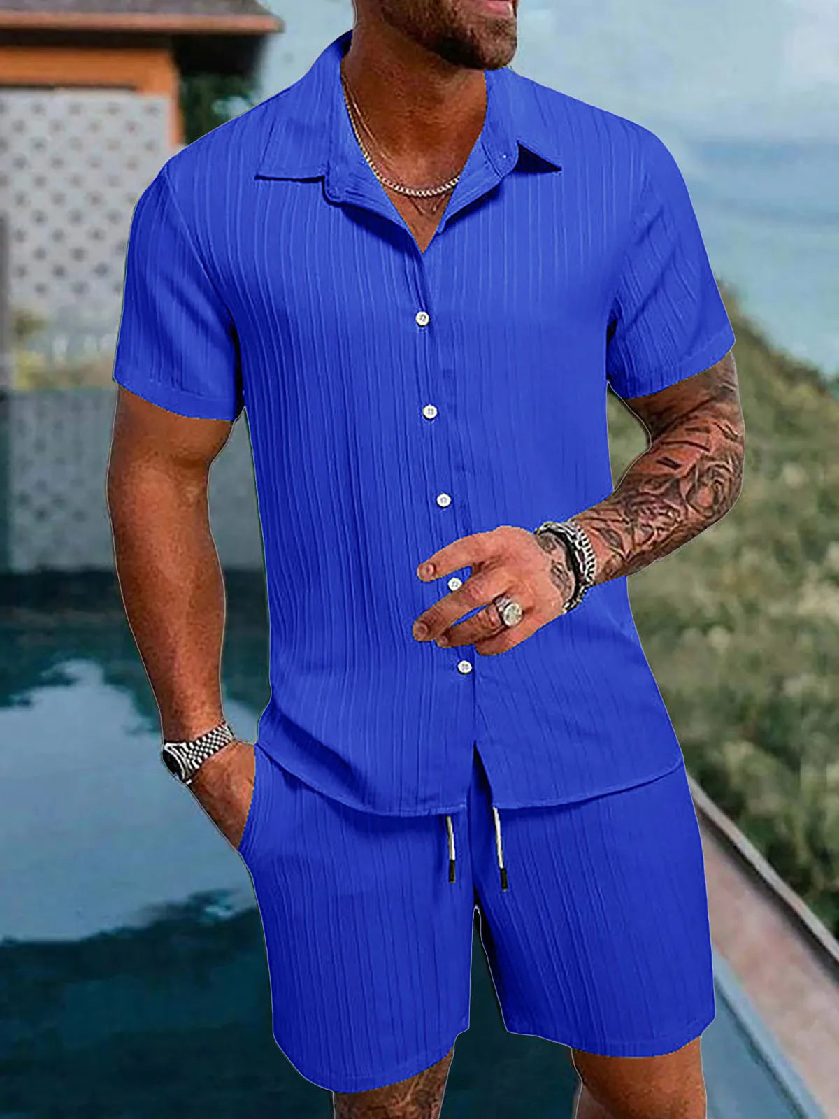 Neues hawaiianisches Urlaubshemd- und Badehose-Set für Herren, 2-teilig, kurzärmelige Hemden mit Shorts, Sommer, schnell trocknend, Schwimmen, Freizeit