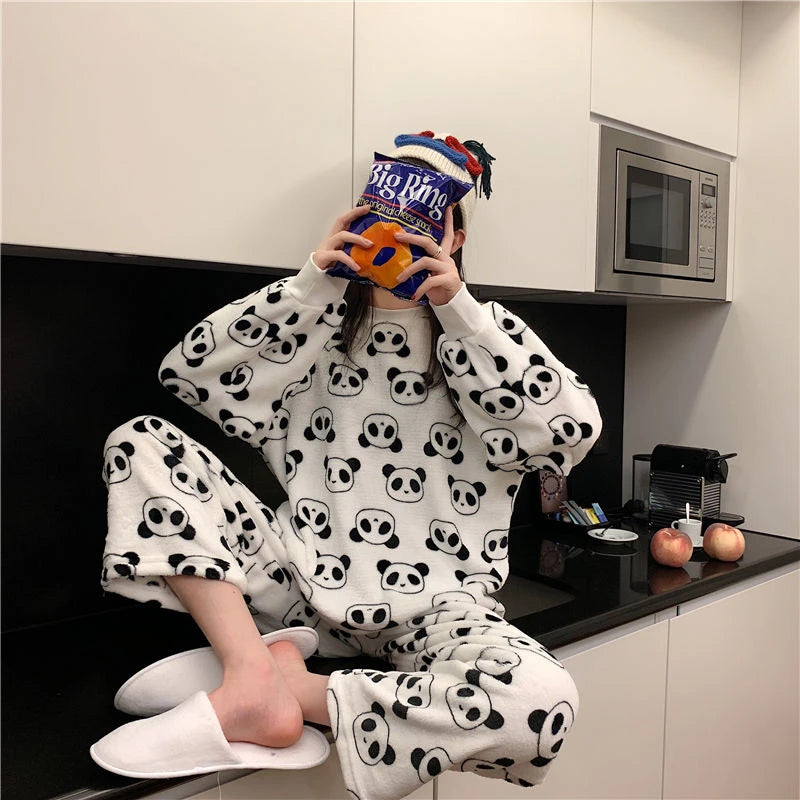 Fleece-Pyjama-Set für Damen, dick, warm, Winter-Nachtwäsche, lässig, solides Oberteil und karierte Hose, weiches Pyjama-Set für Damen, Heimanzug