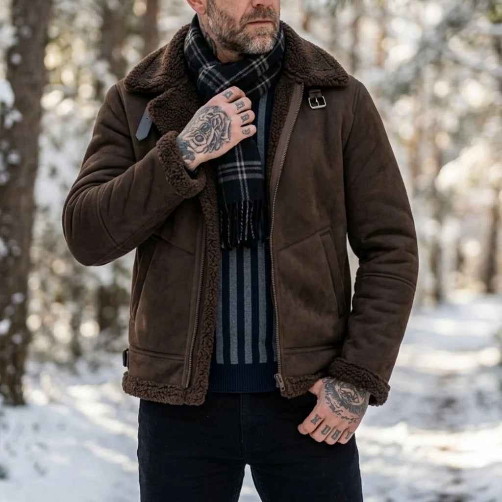 Herren-Winterjacke aus Kunstwildleder mit Fellkragen |   Winddichter Streetwear-Mantel mit Gürtel und Reißverschluss |   Dicke, warme Wanderkleidung für den Außenbereich, weich, für Herren