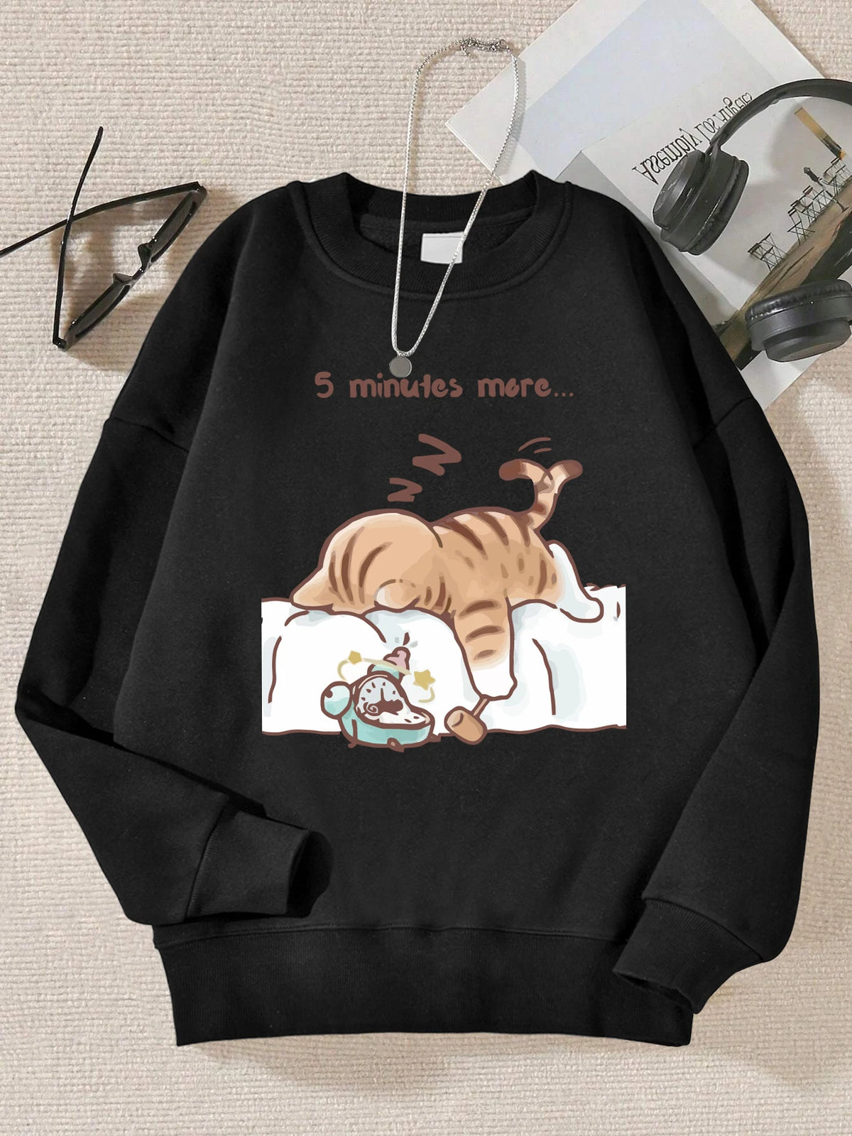 Die Katze, die immer zum Schlafen wünscht, Muster bedruckt, mit Kapuze, Damen, schlicht, warm, Herbst-Sweatshirt, Straße, lässig, Unisex-Pullover