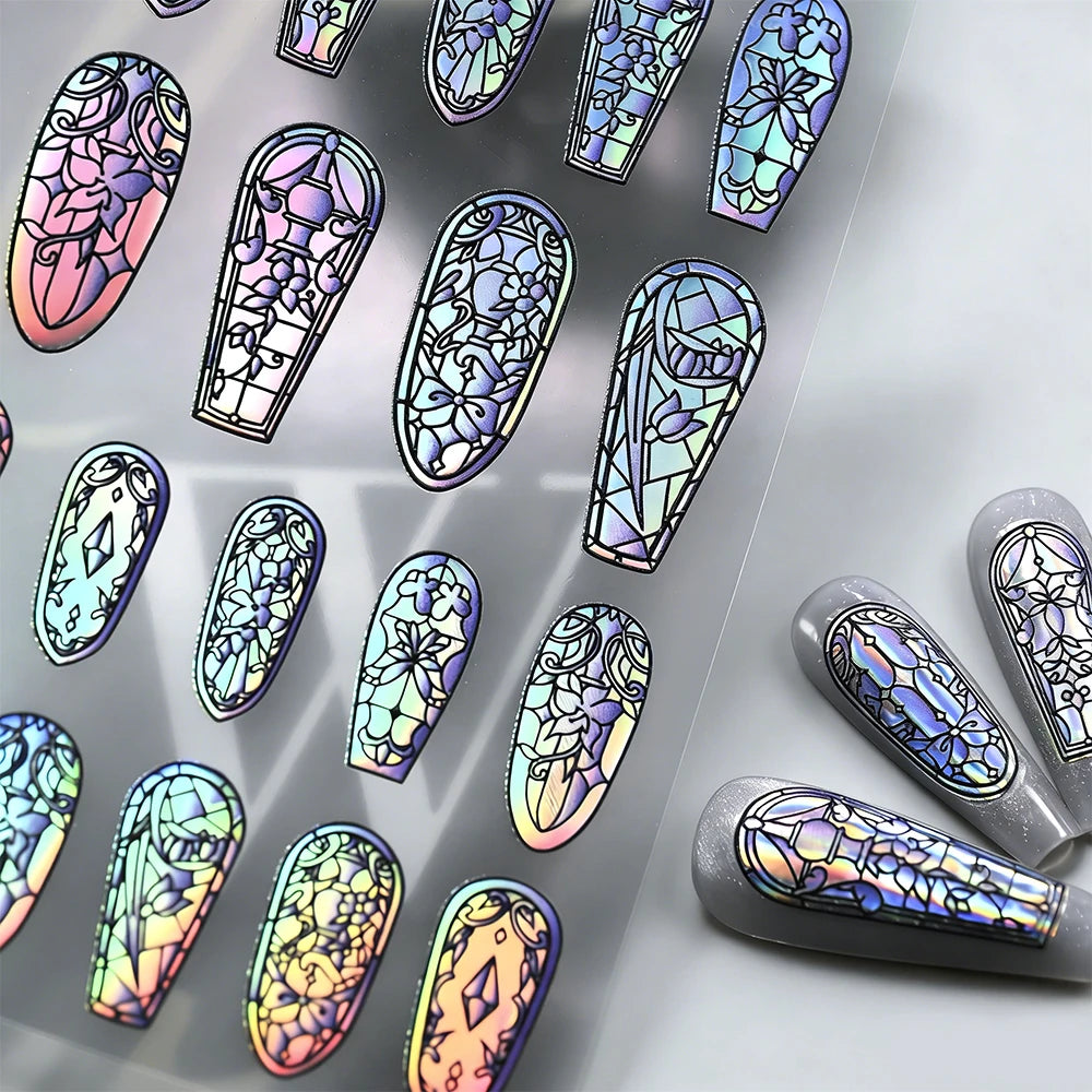 1/3 Stück 5D Aurora Buntglas-Nagelaufkleber Buntes Fenster-Rokoko-Blumenmuster Nagelkunst-Aufkleber DIY Maniküre Gotische Dekoration