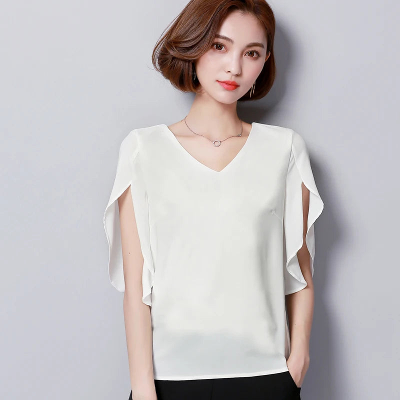 Sommer Damen Chiffon Bluse mit Lotusblatt-Ärmeln