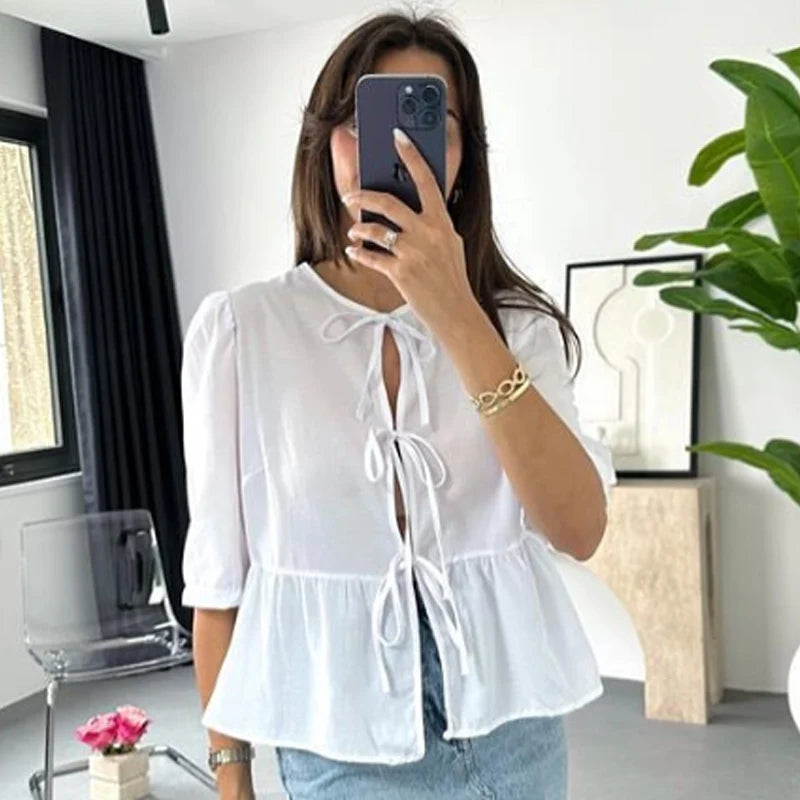 HXAO Crop Bow Bluse Damen-Hemd, Herbst 2022, lockeres schwarz-weißes Leoparden-Hemd, modische Ausschnitte, Schnür-Puff-Kurzarmhemden