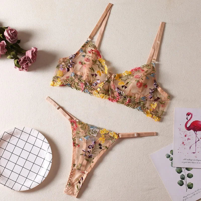 Blumenstickerei-Dessous-Set für Damen, durchsichtig, 2-teilig, Boho-BH + Höschen, Unterwäsche-Set, Dessous