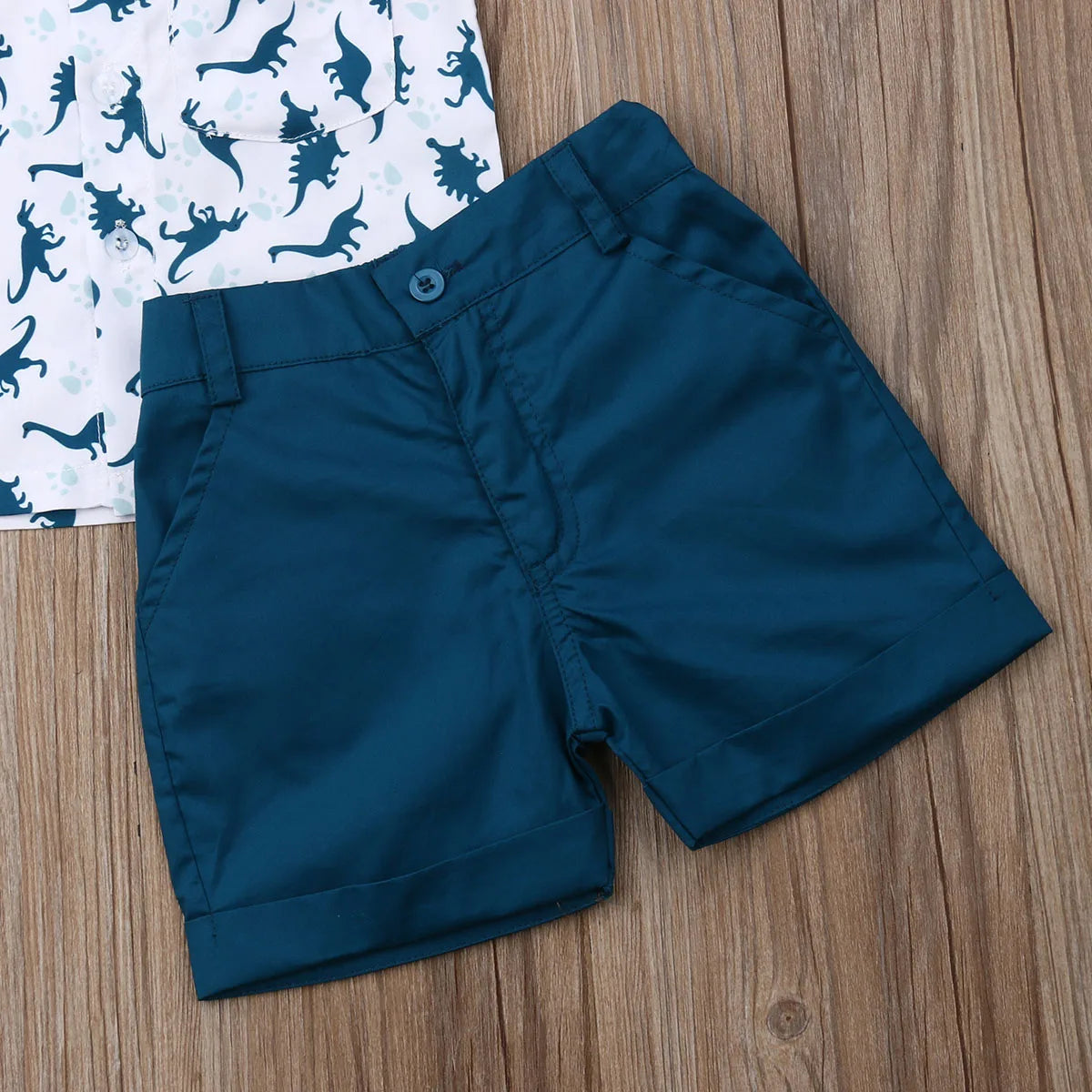 Sommer Kinder Kleidung Set Infant Cartoon Dinosaurier Druck Kurzarm Shirt + Einfarbig Shorts Kind Kleinkind Jungen Outfit