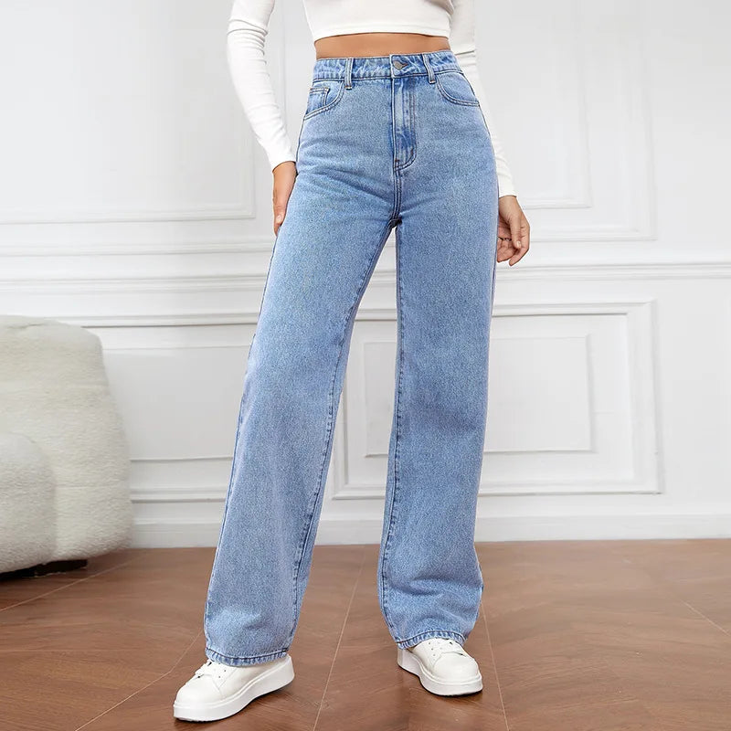 Mode Retro Blue Jeans Damen Y2K High Street Baggy gerade Hose Hoch taillierte All-in-One-dünne Hose