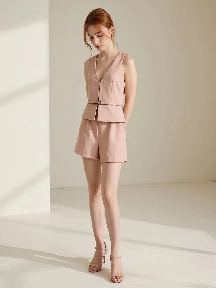 KONDALA Vintage Chic Solide Frauen Anzug V-ausschnitt Ärmellose Schärpen Weste Blazer Gerade Shorts Neue Mode 2025, Sommer Büro Sets