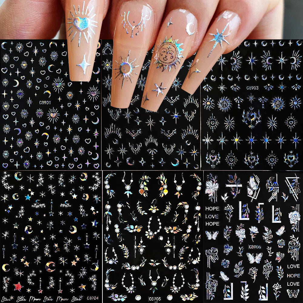 6 Stück 3D Blaue Herz-Nagelaufkleber Bronzierte Gold Silber Stern Mond Sonne Selbstklebende Slider Y2K Nagelkunst Abziehbilder Maniküre Dekoration