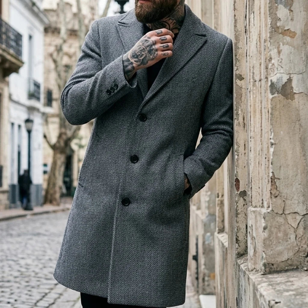 Herbst/Winter Herren Gestreifter Mantel Street Casual Jacke Lange Jacke Klassisches Muster Windjacke Warme Outdoor-Büro-Herrenbekleidung