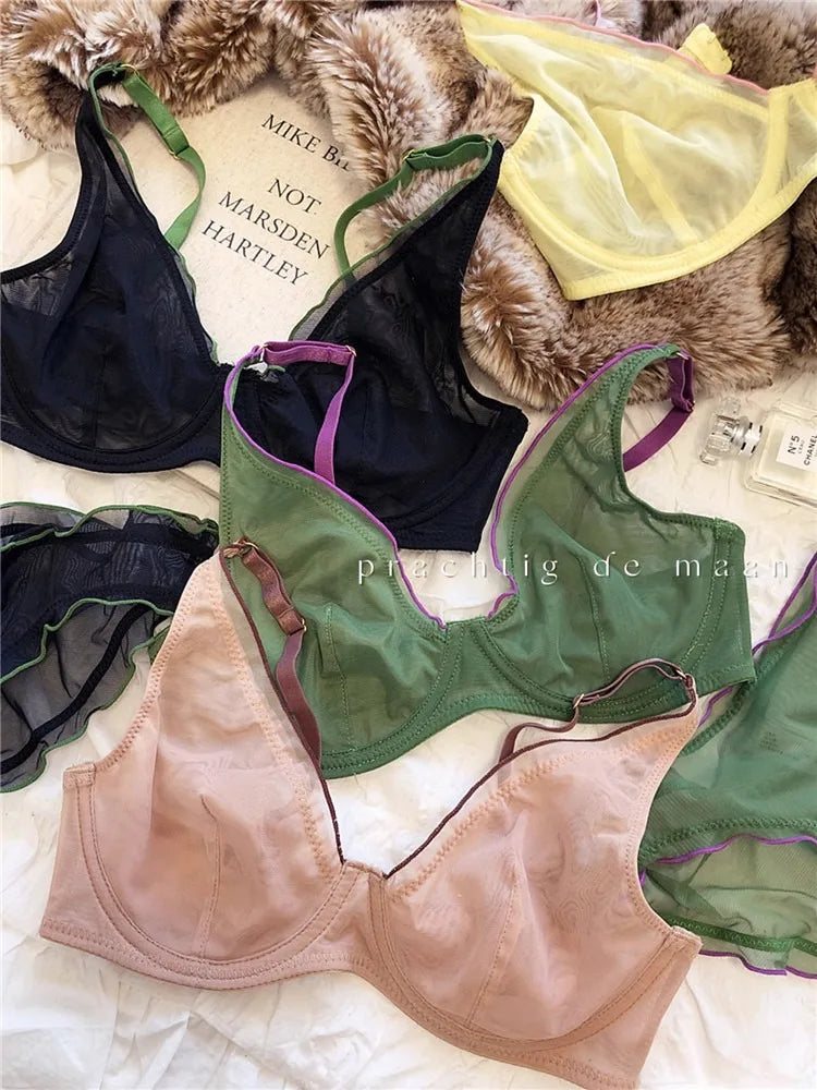 Elegantes Minimizer-BH-Set im französischen Design, modische Dreiecksschalen, strukturelle Unterstützung, ultradünnes, weiches Mesh-Dessous-Set, MOYISU Sexy Tushy