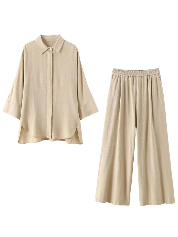 HH Frauen Casual Solide Lose Hemd Hosen Anzug 2024 Langarm Revers Shirts Elastische Taille Breite Bein Hosen Büro Dame set