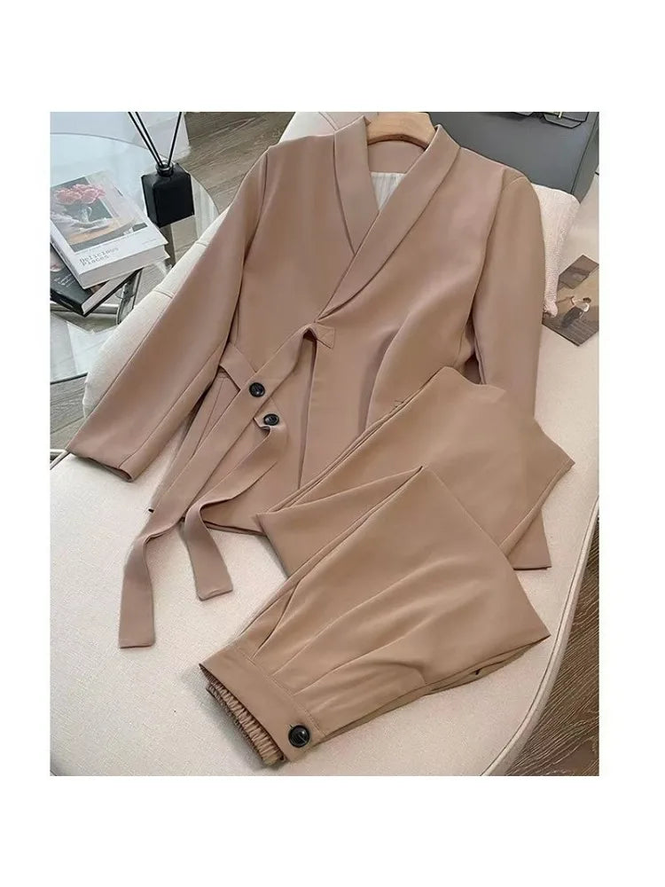 Damen Koreanische Mode Langarm-Blazer und Weite Hosen Zweiteiler Set Büro Casual Locker Sitzende Frühling Herbst Anzüge