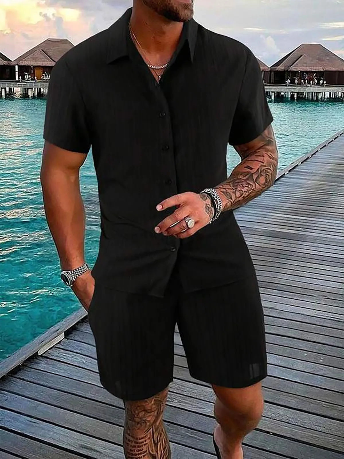 Neues hawaiianisches Urlaubshemd- und Badehose-Set für Herren, 2-teilig, kurzärmelige Hemden mit Shorts, Sommer, schnell trocknend, Schwimmen, Freizeit