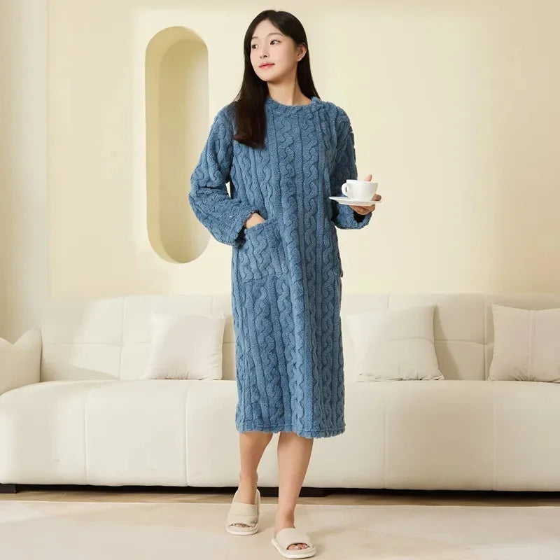 Frauen Korallen Fleece Nachtwäsche Herbst Winter Verdickt Warme Lose Lange Robe Pyjamas Homewear Casual Oberbekleidung Nachthemd