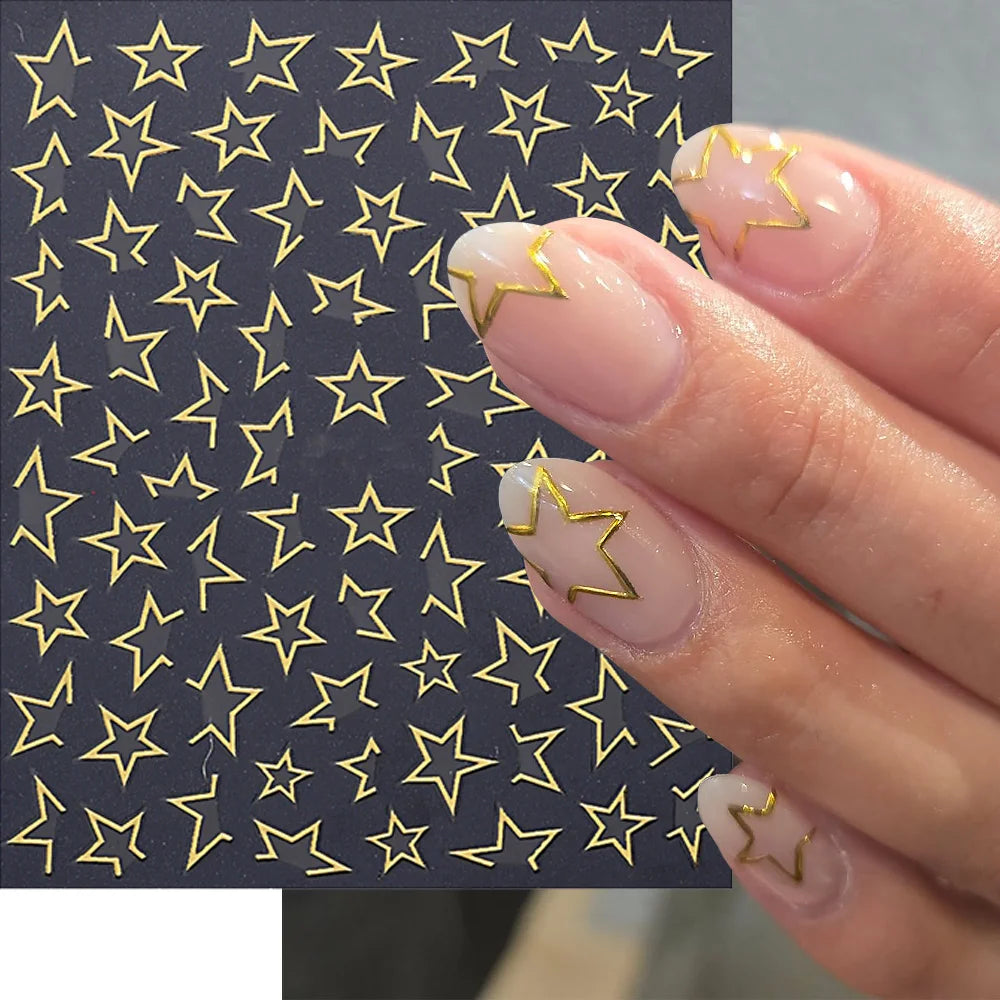 1 Blatt Goldene Hohlstern-Nagelkunst-Aufkleber Glänzende Bronzefarbene Gold-Silber-Linien Große Stern-Nagelaufkleber Y2K-Stil Maniküre Slider Wraps