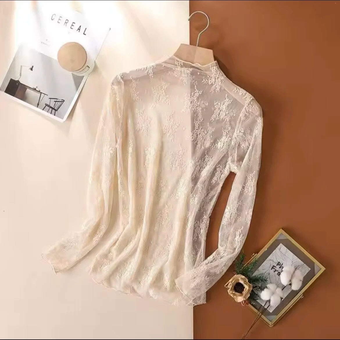 Elegante Damen-Bluse mit Hohem Kragen und Polka Dots, Mesh-Spitzenbesatz, Puffärmel, Schlanke Passform, Büro-Damenmode, Tägliche Oberteile