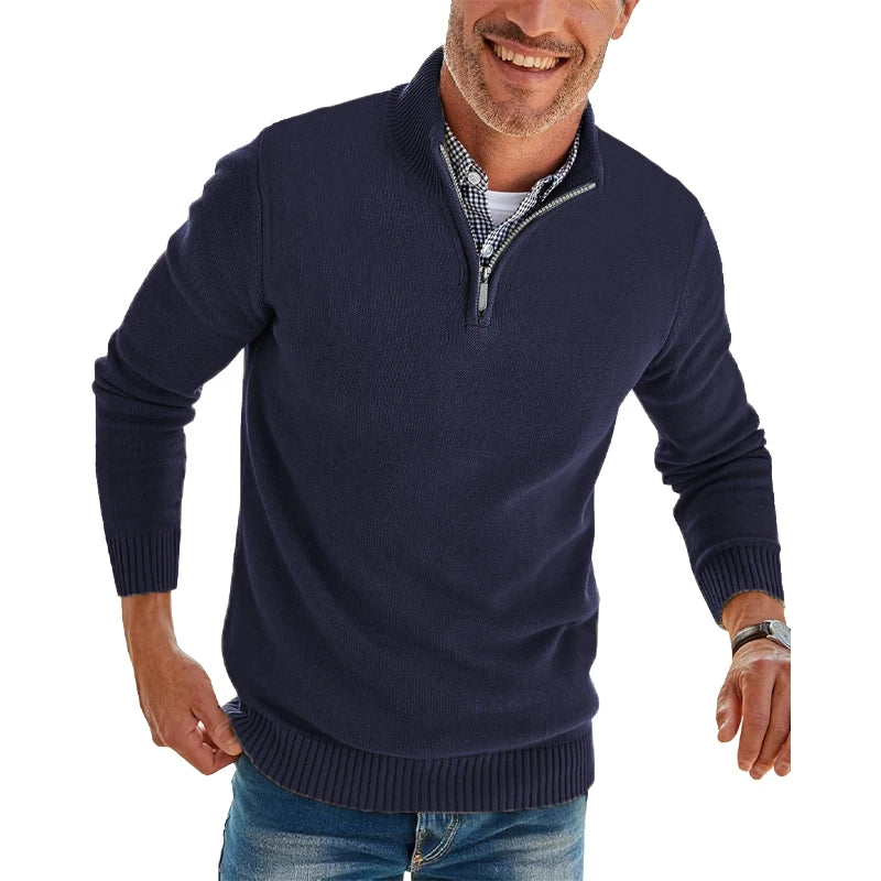 Herren-Pullover mit Viertelreißverschluss, langärmelig, schmale Passform, Stehkragen, lässiger Strick-Polo-Pullover, warmer Rollkragenpullover für den Winter