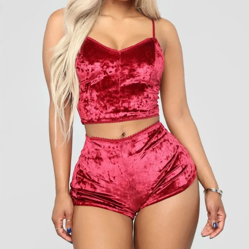 Pyjamas Set Frauen Sexy Rosa Rot Seide Satin Samt Pijamas Schlaf Tragen Robe Nachtwäsche Sexy Dessous Pj Sets Nachtwäsche