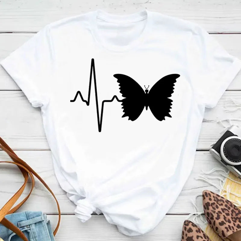 Neue blaue Schmetterling Blumen gedruckt T-Shirt Frauen Sommer lässig Kurzarm O-Ausschnitt Tops 90er Jahre Mode Grafik weibliche Tops T-Shirts