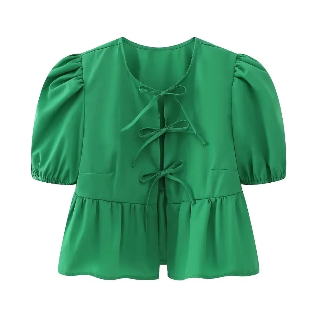 Elegante Damen-Bluse mit Kurzen Puffärmeln und Schleife, Lässiges Mode-Wochenend-Shirt, High-Street-Hemd, Party- und Strand-Oberteil, Schlanker Schnitt