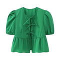 Elegante Damen-Bluse mit Kurzen Puffärmeln und Schleife, Lässiges Mode-Wochenend-Shirt, High-Street-Hemd, Party- und Strand-Oberteil, Schlanker Schnitt