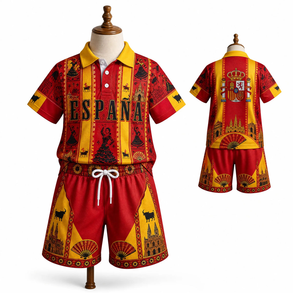Kinder Spanien Polo-Shirt und Shorts Set für Jungen und Mädchen, Passendes Sommer-Outfit in Rot-Schwarz mit Wappen und Stier-Grafik, Lässiges Reise- und Urlaubsoutfit