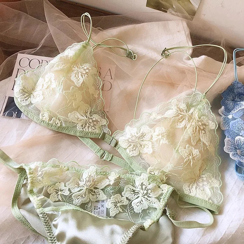 Französisches Nischen-Dessous-Set, besticktes Netz, Dreieck-Cup, kabelloses Bralette, Retro-Spitze, dünn, sexy, bequemer BH, USA Tushy MOYISU