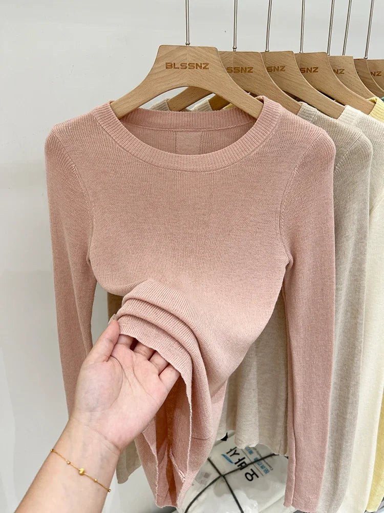 Frühling Grundlegende Oansatz Dünnes T-Shirt Frauen Solide Multi Farbe Alle-Spiel Trend Casual Top Schraube Stricken Langarm Elastische büro Dame