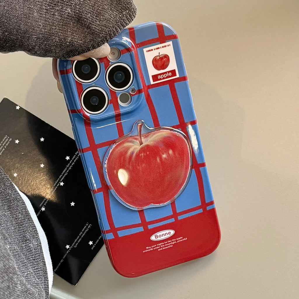 Koreanische Karierte 3D Rote Apfel Handyhülle mit Kette für iPhone 17 Air 16 15 14 13 12 11 Pro Max XS XR X 8 Plus Stoßfeste Hartschale
