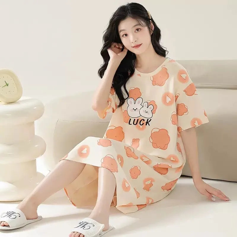 Damen-Pyjama in großen Größen, kurzärmeliges Nachthemd mit herzförmigem Muster, langer Studentenmantel, langer Rock mit Hasenmuster, Loungewear, Mädchenkleid