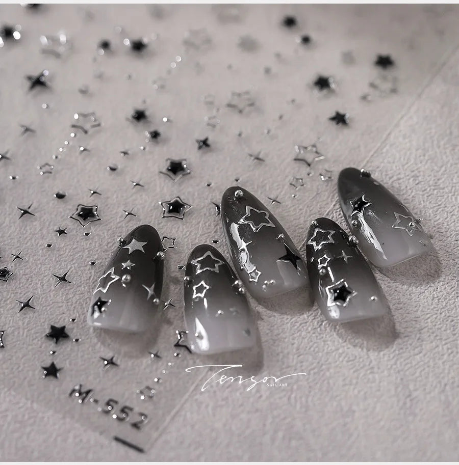 1pc 5D Y2K Gothic Metall Schwarz Silber Sterne Nagel Aufkleber Luxus Stern Nail art Aufkleber Vergoldung Hohl 5-zackigen Nagel Design Slider