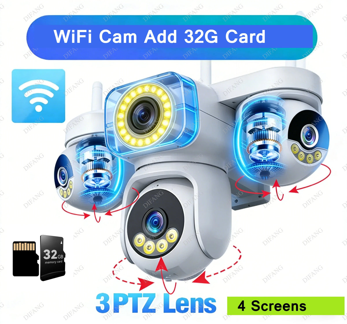 Neue 20MP WLAN-Sicherheitskamera 4 Linsen 4 Bildschirme 6 Motoren 3 PTZ 5X Digitalzoom Kabellose Außen-Überwachungskamera Wasserdicht