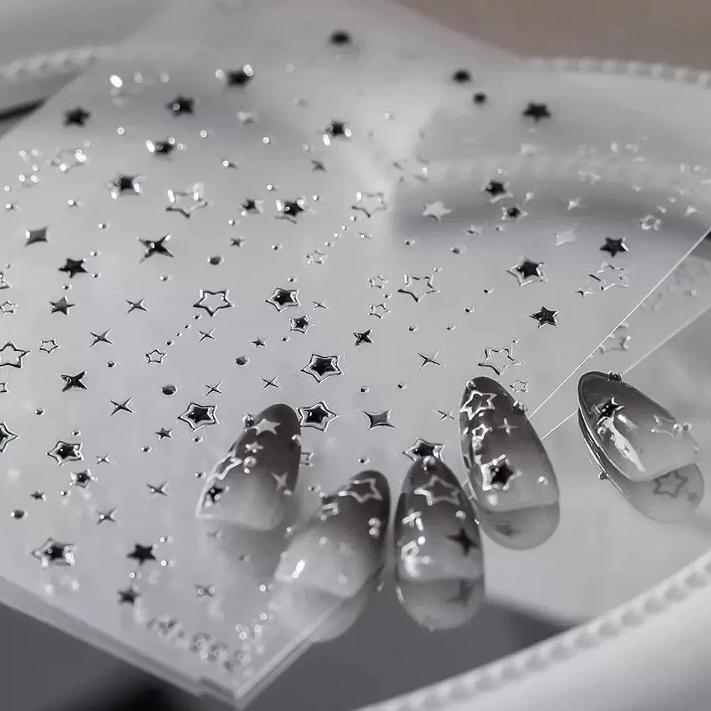 Y2k Silber Heißpräge Hohlstern-Nagelaufkleber 5D Relief Sexy Silber Schwarz Sternförmige Nagelsticker DIY Nagel-Deko