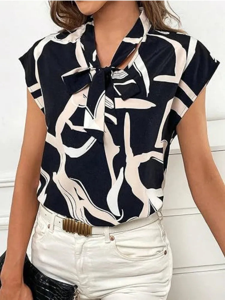 Frauen Sommer Stil Blusen Shirts Dame Casual Kurzarm Fliege Kragen Gedruckt Bluse Tops