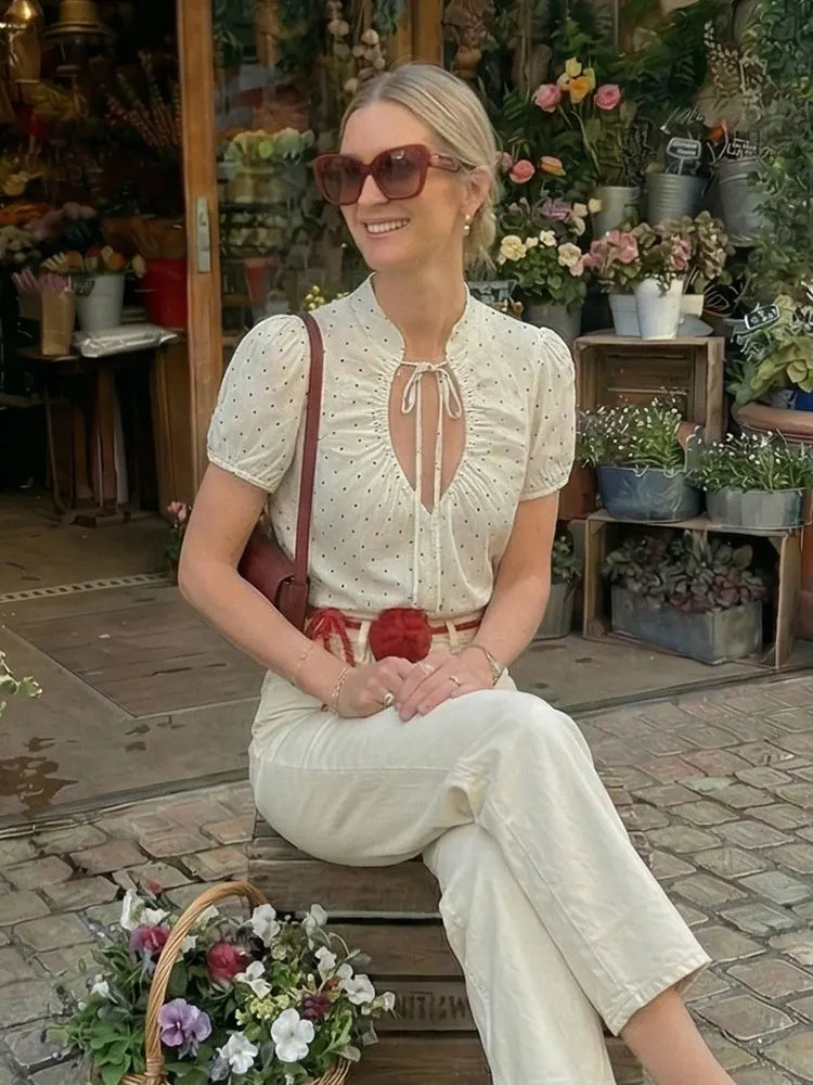 HH Damen Elegante Bluse mit Schleife und Schnürung Kurze Puffärmel Knopfleiste Sommer-Freizeithemd Gepunktetes Schickes Oberteil
