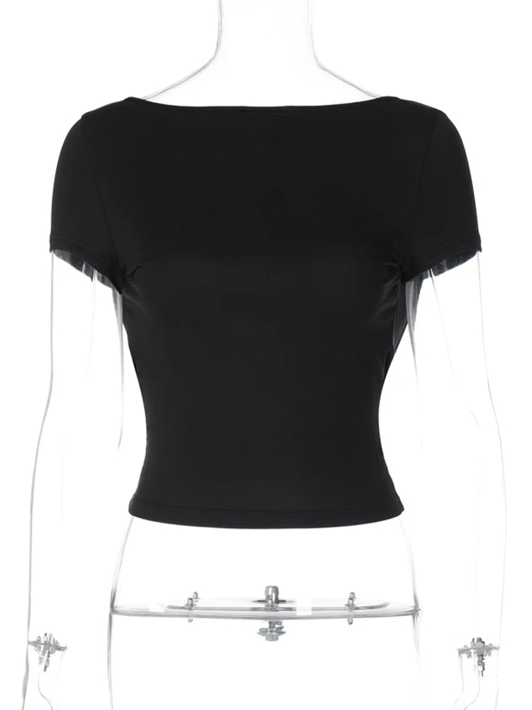 Frauen O Hals Kurzarm Backless Geraffte Crop Top Y2K Streetwear Sommer Frühling Casual T-Shirt Dropshipping