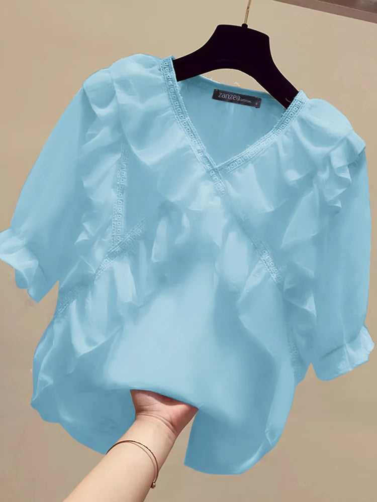 ZANZEA Frauen Feste Rüschen Bluse Vintage 3/4 Ärmel V-ausschnitt Chemise 2024 Sommer Büro Chiffon Shirts Casual Lose Nähte Tops