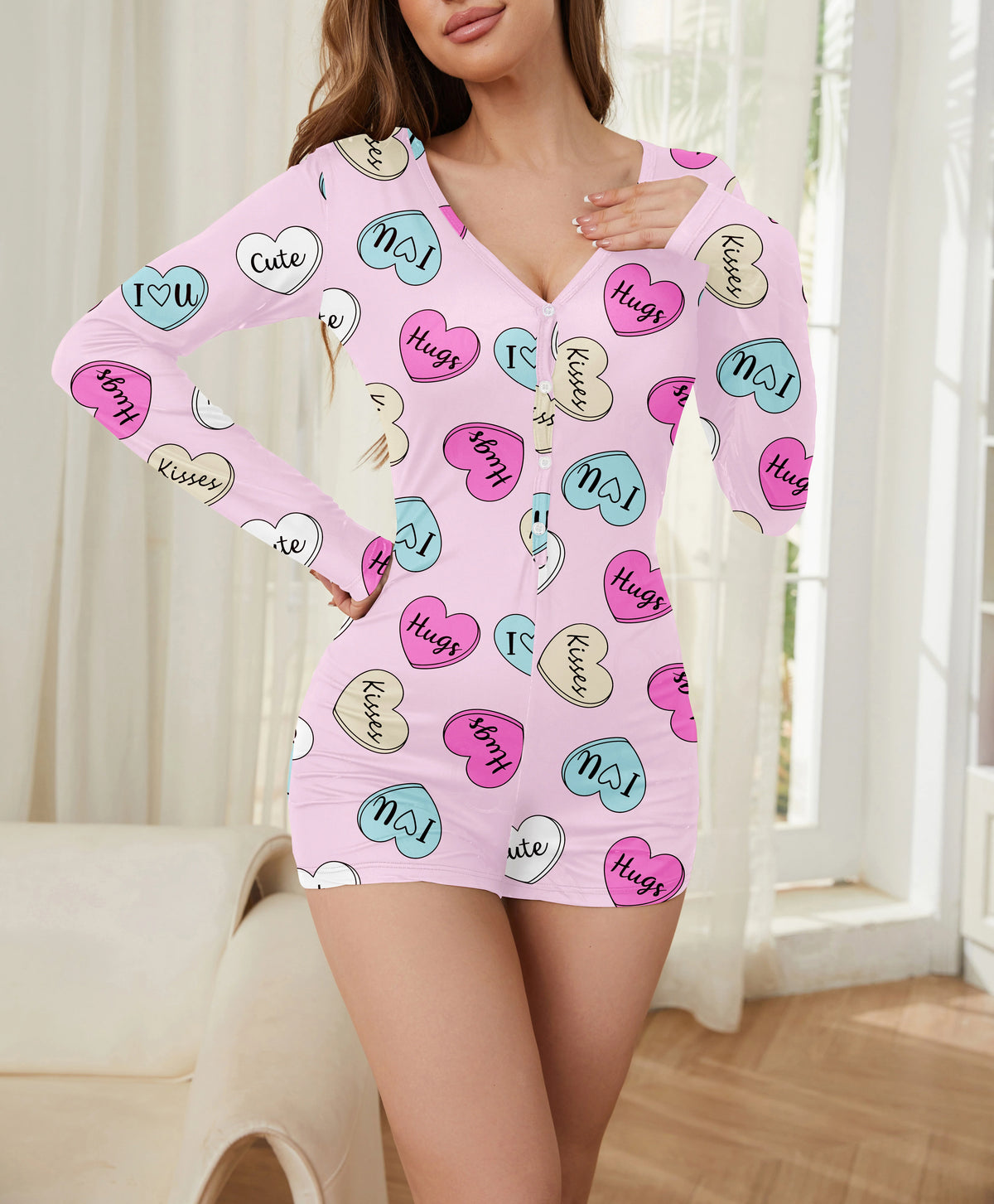 Damen-Pyjama-Set, Herz- und Buchstaben-Aufdruck, einteilig, kurzärmelig, Strampler, Nachtwäsche, kurzärmelige Nachtwäsche mit Hose, Pyjama-Set