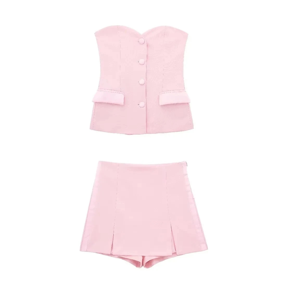 HH Sommer Frauen Elegante Rosa Shorts Röcke Sets Vorderen Knopf Rohr Tops Schlank Schlitz Shorts Culottes Weibliche Mode Streetwear