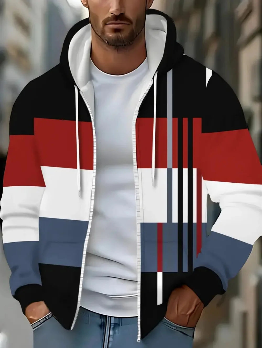 Lässiges, gestreiftes Herren-Sweatshirt mit Kapuze und durchgehendem Reißverschluss, Outdoor-Kleidung, glatte Kapuzentaschen mit Kordelzug, einfache gestreifte Sportbekleidung für Herren