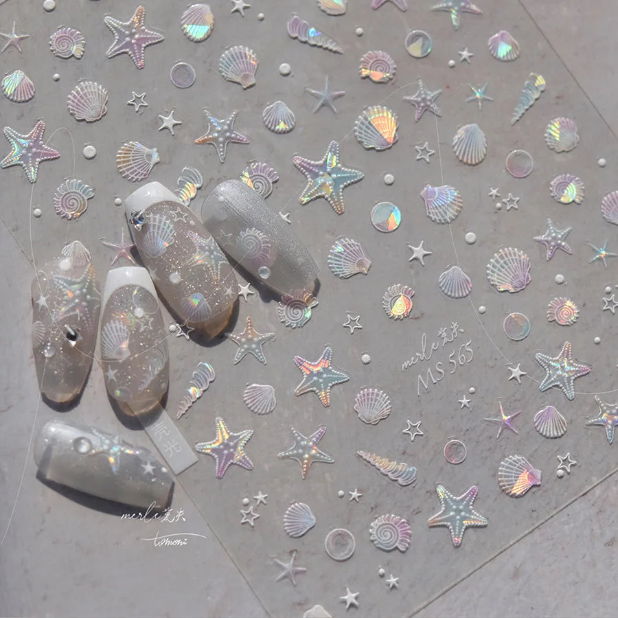 5D Sommer Muschel Nagel Aufkleber Glänzende Geprägte Seestern Nägel Aufkleber Sommer Strand Weinglas Quallen Nagel Aufkleber Dekoration