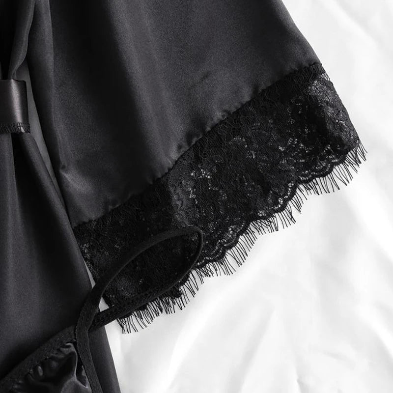 Schwarz Sexy Damen Pyjama Satin 4-teilig Spitze Seide Hosenträger Tops Shorts Robe Pyjama Set Nachthemd Unterwäsche Nachthemd Anzug