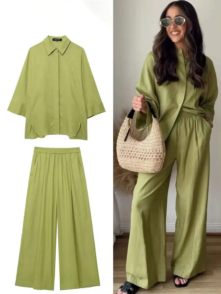 HH Frauen Casual Solide Bluse Hose Sets Lose Langarm Revers Shirts Elastische Taille Breite Bein Hosen Büro Dame Anzug