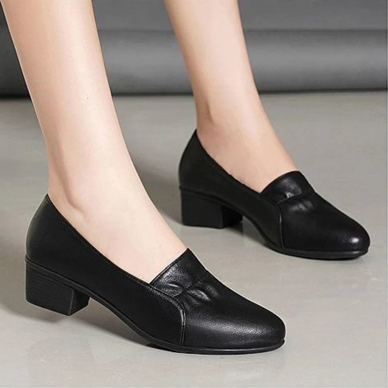 Komfortable Walking-Schuhe für Damen, mittelhohe Blockabsatz-Pumps, Slip-On-Loafer aus PU-Leder, Vintage-Stil, quadratische hohe Absätze, Büro-Damenschuhe, elegante Schuhe