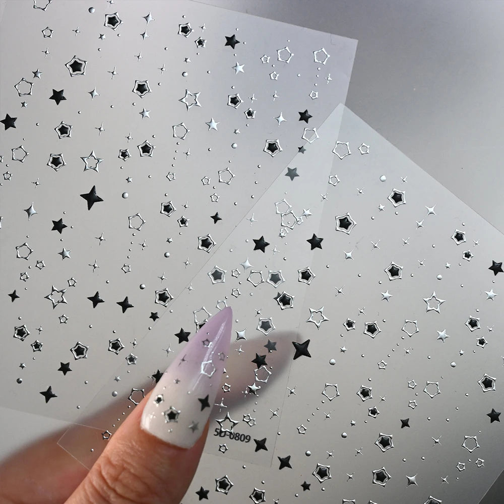 Y2k Silber Heißpräge Hohlstern-Nagelaufkleber 5D Relief Sexy Silber Schwarz Sternförmige Nagelsticker DIY Nagel-Deko